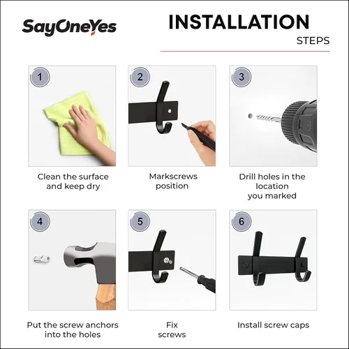 Vista 6 de Perchero de Abrigos Pequeño Negro Mate para Pared – Riel de Ganchos de Acero Inoxidable de 6 Pulgadas con 2 Ganchos Dobles para Abrigos
