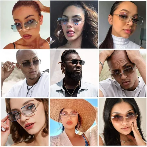 Vista 3 de LASPOR Lentes de sol rectangulares sin montura retro para mujeres y hombres, lentes teñidas, metal dorado, sin marco, gafas cuadradas vintage