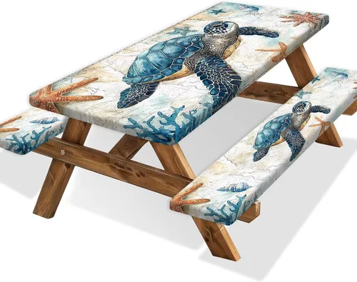 Vista 56 de Funda para Mesa de Picnic con Fundas para Bancos y Bolsa, Campista de Madera Impermeable Resistente al Viento, Cubierta de Mantel Ajustada con Borde