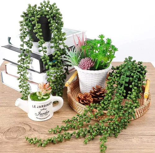 Vista 5 de 1 planta artificial de plástico para colgar suculentas, cadena de perlas, plantas artificiales para colgar en la pared, vegetación de vid