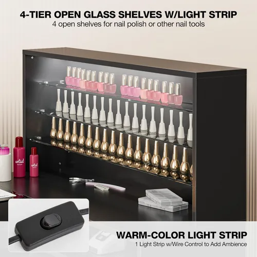 Vista 12 de Mesa de manicura en forma de L con estantes, estación de mesa de uñas con parte superior de cristal, resistente a acetona, con cajones de Negro