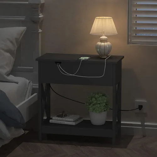 Vista 6 de ChooChoo - Mesa auxiliar con estación de carga; mesa auxiliar estrecha con puertos USB y tomas de corriente para espacios pequeños; mesita de noche