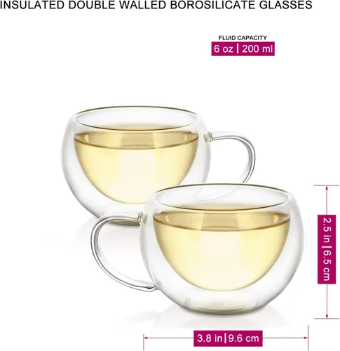 Vista 3 de Teabloom Modern Classic - Vasos aislantes – 6 oz / 6.8 fl oz – Juego de 2 tazas de vidrio de doble pared para té o café