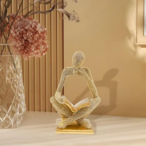 Vista 5 de Estatua de Mujer Leyendo Dorada Brillante, Esculturas de Pensador, Ornamento de Arte Abstracto, Figurilla de Decoración Estética Moderna para Hogar