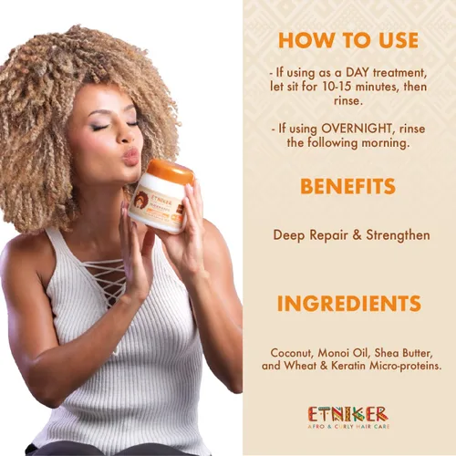 Vista 2 de Etniker - Tratamiento profundo para cabello rizado y afro 4C - Tratamiento de coco y manteca de karité para cabello seco, dañado y encrespado
