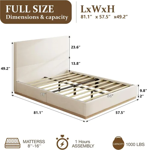 Vista 2 de Base de cama de plataforma de tamaño completo con cabecero, cama de terciopelo con base sólida con listones de madera, base de colchón resistente