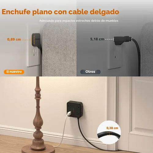 Vista 4 de TESSAN Cable de extensión de enchufe plano de 10 pies con múltiples tomas, regleta protectora de sobretensiones con 3 USB (1 USB C) 8 tomas, Negro