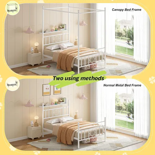 Vista 4 de Homkdom Twin Canopy Bed Frame with Storage Headboard,Noise-Free,White