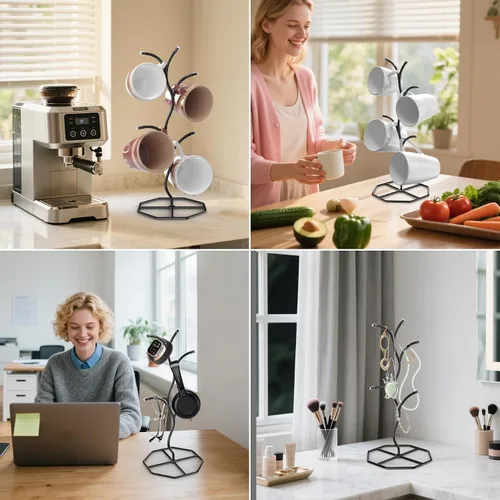 Vista 9 de Beesini 2 paquetes de soportes para tazas de café en forma de árbol, soporte de metal para tazas, estante decorativo para tazas, árbol de tazas