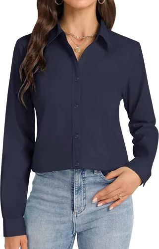 Vista 20 de Camisas con botones J.VER para mujer con cuello elástico y manga larga de algodón, camisa de vestir casual de negocios para el trabajo