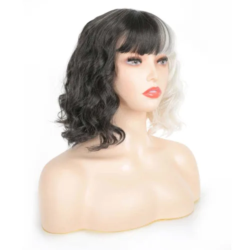 Vista 2 de AICKER Peluca ondulada corta mitad negra mitad blanca y rizada con flequillo para mujer, pelucas de anime, cosplay, Halloween, fiesta de Navidad