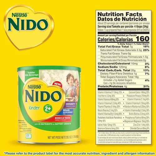 Vista 2 de Nestle Nido Kinder 2+ - Leche en polvo para niños pequeños, 28.22 oz, paquete de 36