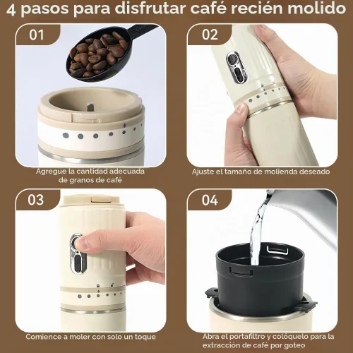Vista 5 de Molinillo de café eléctrico portátil, molinillo de café inalámbrico con 7 ajustes de molienda ajustables y filtro, apagado automático, carga tipo C