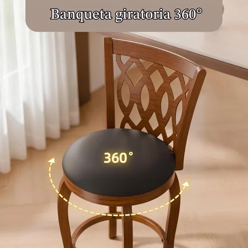 Vista 3 de Juego de 2 taburetes de bar de 29 pulgadas, giratorios de altura de barra para isla de cocina, taburete de bar de granja con respaldo y reposapiés
