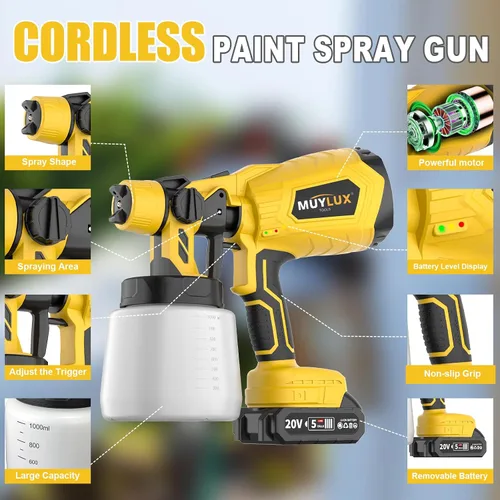 Vista 2 de Pulverizador de pintura inalámbrico con batería y cargador, pistola pulverizadora eléctrica de 800W con 5 boquillas y 3 patrones, pulverizador