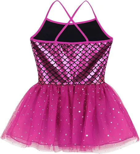 Vista 4 de Freebily Vestido tutú de princesa con tirantes brillantes, escamas de pez, gimnasia, ballet, leotardo