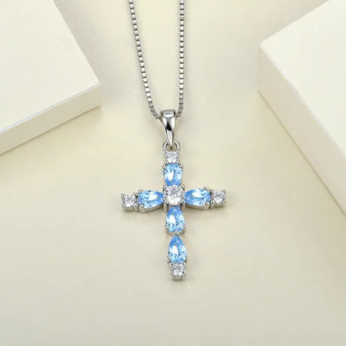 Vista 64 de YL Collar de cruz de plata de ley 925 con colgante de piedra natal religiosa para mujer