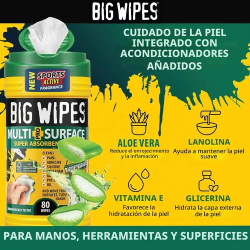 Vista 6 de BIG WIPES Recipiente multisuperficie resistente, paños de limpieza súper absorbentes para manos, superficies y herramientas, recipiente de 80