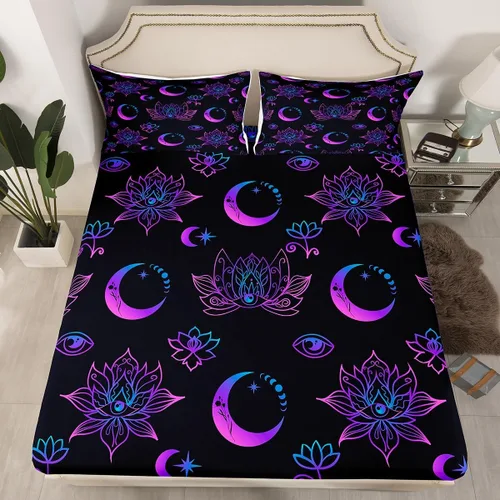 Vista 2 de Erosebridal Juego de sábanas tamaño individual con estampado de luna, diseño de flores de loto, color morado degradado, juego de sábanas orientales