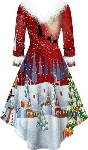 Vista 3 de TWGONE Vestido de Navidad para mujer cuello en V felpa cuello en V caricaturas festival cóctel fiesta vestido acampanado
