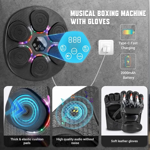 Vista 2 de Music Boxing Machine for Adults & Kids, Bluetooth Smart Boxing Wall Machine with Gloves, 9 Modes, 6 Speeds & 3 Sensitivity, Electric Light Up Music