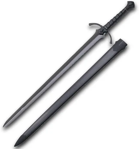 Vista 2 de Elvish Fantasy Black Sword - Mano y mitad 1065 hoja de acero de alto carbono con agarre de cuero y vaina