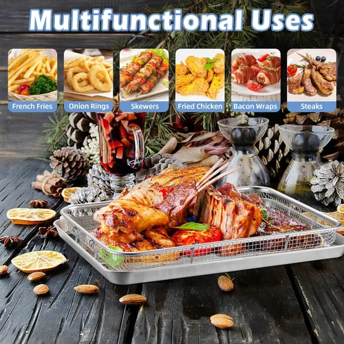 Vista 5 de TeamFar Cesta para freidora de aire para horno, juego de 2 cestas y bandeja de freidora de aire de acero inoxidable, estante para freidora de aire