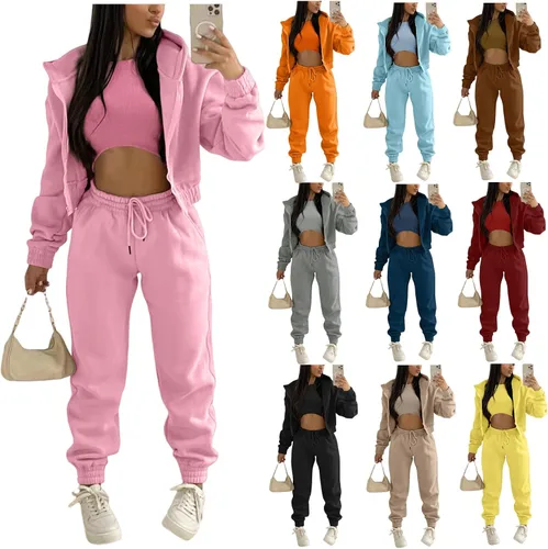 Vista 4 de Sudadera con capucha de forro polar para mujer Traje deportivo y de ocio (juego de 3 piezas)