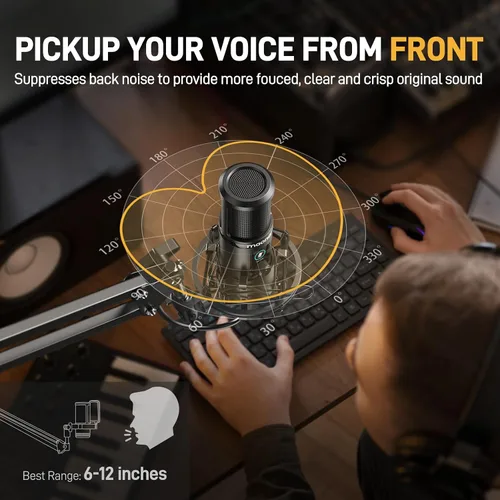 Vista 6 de Kit de micrófono de grabación USB MAONO, micrófono de condensador profesional para PC con silenciamiento táctil y perilla de ganancia de micrófono