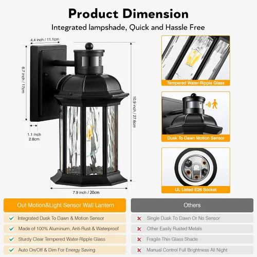Vista 7 de VIANIS Luces de porche con sensor de movimiento de atardecer a amanecer, accesorios de luz de porche exteriores modernos en negro, lámpara de pared