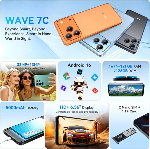 Vista 2 de Blackview Wave 7C Unlocked Android 16 4G Cell Phone, 128GB, Dual SIM, Blue