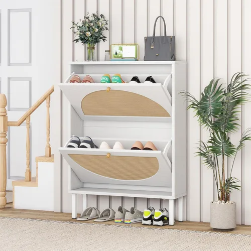 Vista 15 de ZeHuoGe Zapatero de ratán natural con 2 cajones abatibles, zapatero negro para tacones, zapatillas, zapatero independiente para entrada y pasillo
