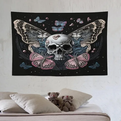 Vista 10 de Naykow Tapiz de calavera y mariposa, tapiz rosa trippy negro, tapiz de bruja gótica para dormitorio, decoración de habitación hippie de mariposa