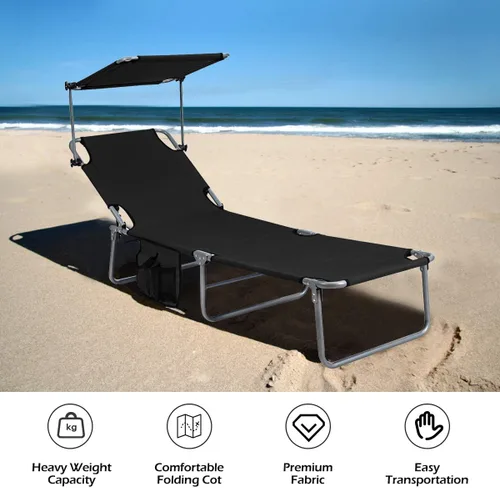 Vista 6 de Giantex Silla bronceadora, tumbona de patio con 5 posiciones ajustables, toldo de sombra, bolsillo de almacenamiento, cuna de campamento, sillón