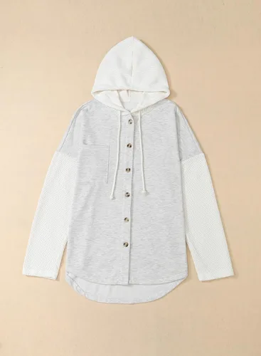 Vista 7 de SHEWIN - Sudadera de gran tamaño para mujer, de ajuste holgado, casual, manga larga, con botones, con capucha y bolsillos a gris