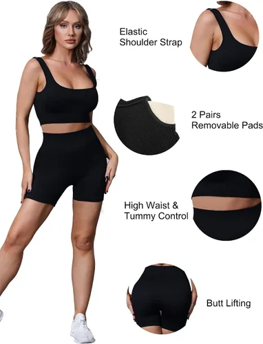 Vista 5 de ANOTHER CHOICE Traje de entrenamiento de 2 piezas para mujer, conjunto de yoga de punto acanalado de cintura alta, pantalones cortos sin costuras