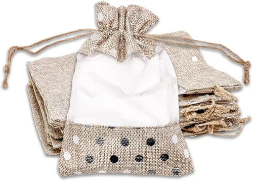 Vista 15 de TheDisplayGuys para tu vida moderna - Paquete de 12 bolsas de regalo pequeñas de arpillera de lino y organza con cordones (8.9x14 cm, gris)