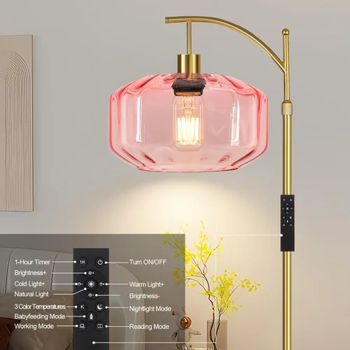 Vista 9 de Lámparas de pie doradas para sala de estar, dormitorio, lámpara de pie de cristal con control remoto y pantalla rosa, lámpara de pie regulable
