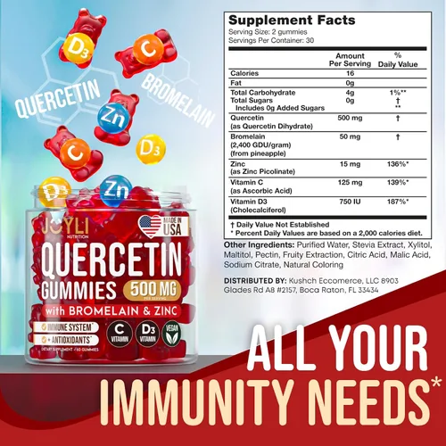Vista 3 de JOYLI - Gomitas de quercetina – Quercetina con bromelina zinc vitamina C y vitamina D3 – Suplemento de quercetina de 500 mg para el sistema