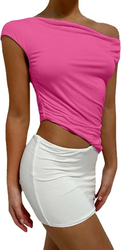 Vista 3 de LCHLINY Camiseta sin mangas con cuello drapeado asimétrico para mujer