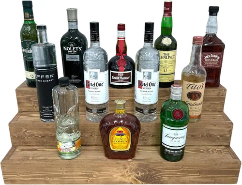 Vista 15 de Estantería de exhibición escalonada hecha a mano, exhibición de barra de tres niveles, organizador de barra, exhibición de botellas de licor