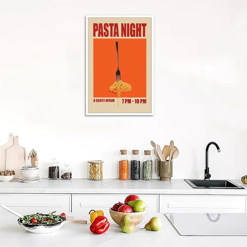 Vista 4 de Pósteres nocturnos de pasta retro, arte divertido de comida de fideos, arte de mediados de siglo, lienzo de cocina moderna de mediados de siglo