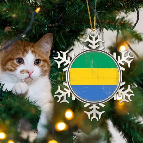 Vista 4 de Adorno colgante de Navidad de Gabón, bandera de Gabón, regalo de vacaciones, copo de nieve de metal, adorno para árbol de Navidad, bandera nacional