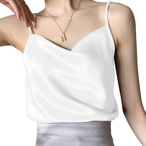 Vista 2 de Miqieer Camiseta básica de seda para mujer, con cuello en V, holgada, sin mangas, de satén, para mujer