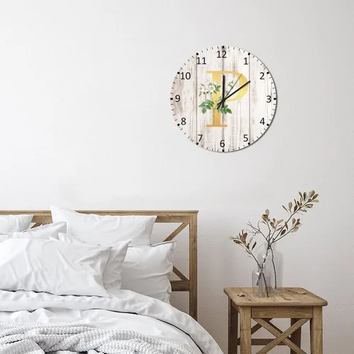 Vista 5 de Reloj de pared de madera para decoración del hogar, letra con monograma del alfabeto con inicial dorada, diseño floral blanco, retro, silencioso