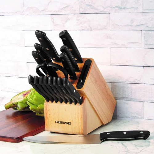 Vista 6 de Farberware Edgekeeper 5253522 - Bloque de cuchillos con remache triple de 16 piezas con afilador de cuchillos integrado, natural