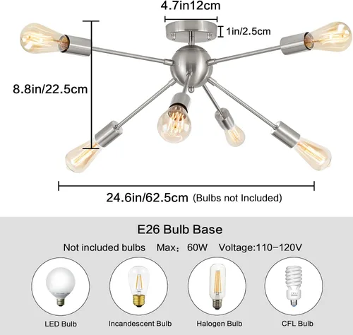 Vista 6 de LASENCHOO Lámpara de techo Sputnik, lámpara de techo de 8 luces Sputnik en níquel cepillado, lámparas de araña Sputnik, lámpara de techo moderna