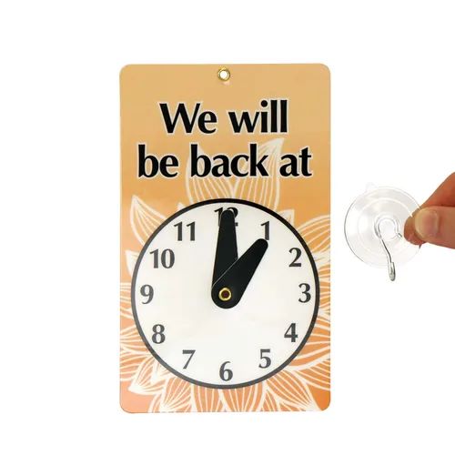 Vista 3 de SmartSign Letrero de reloj de dos caras con texto en inglés "We Will Be Back - Welcome We are Open", plástico de 7.75 x 4.75 pulgadas 4.75" x 7.75