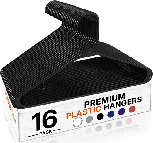 Vista 15 de HOUSE DAY Paquete de 10 perchas de plástico color negro, perchas de plástico con ganchos integrados, percha duradera y fuerte para armario, ahorro