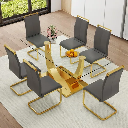 Vista 30 de Juego de Mesa de Comedor Negra para 6, Mesa de Comedor de Mármol Falso de 71" para 6, Juego de Mesa de Cocina Rectangular con Sillas de Cuero PU